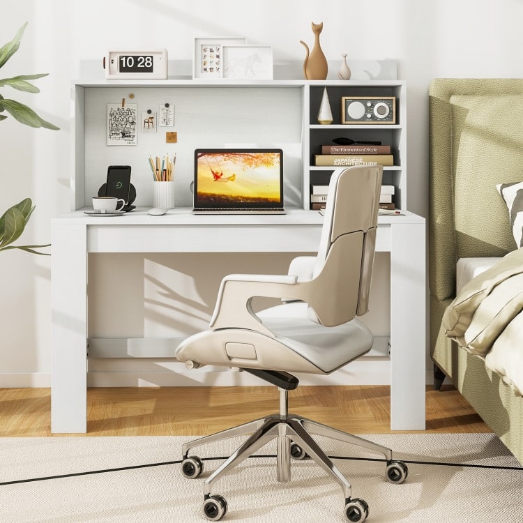 Modern White Computer Desk with Hutch & Charging Station 42.5'' MDF Workstation with USB