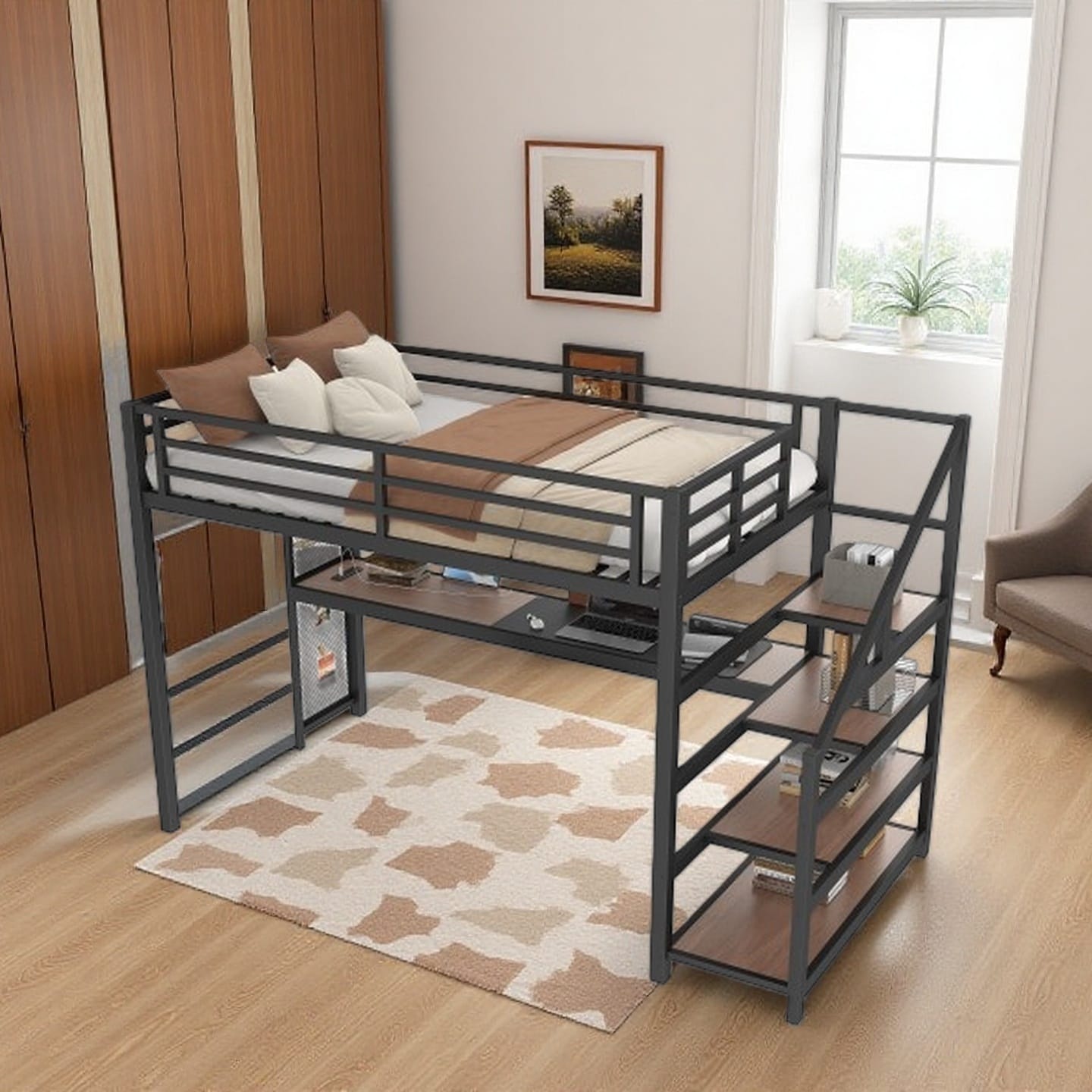 Queen Loft Bed with Built-In Desk, Storage Stairs, LED Lights, USB Ports, Iron Net Organizer, Metal Frame