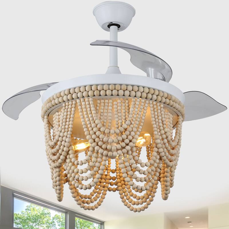 Cusp Barn 42 Inch Boho Retractable Ceiling Fan with Remote, Coastal 6 Speeds Fandelier, Farmhouse Caged Wood Beaded Ceiling Fan - White
