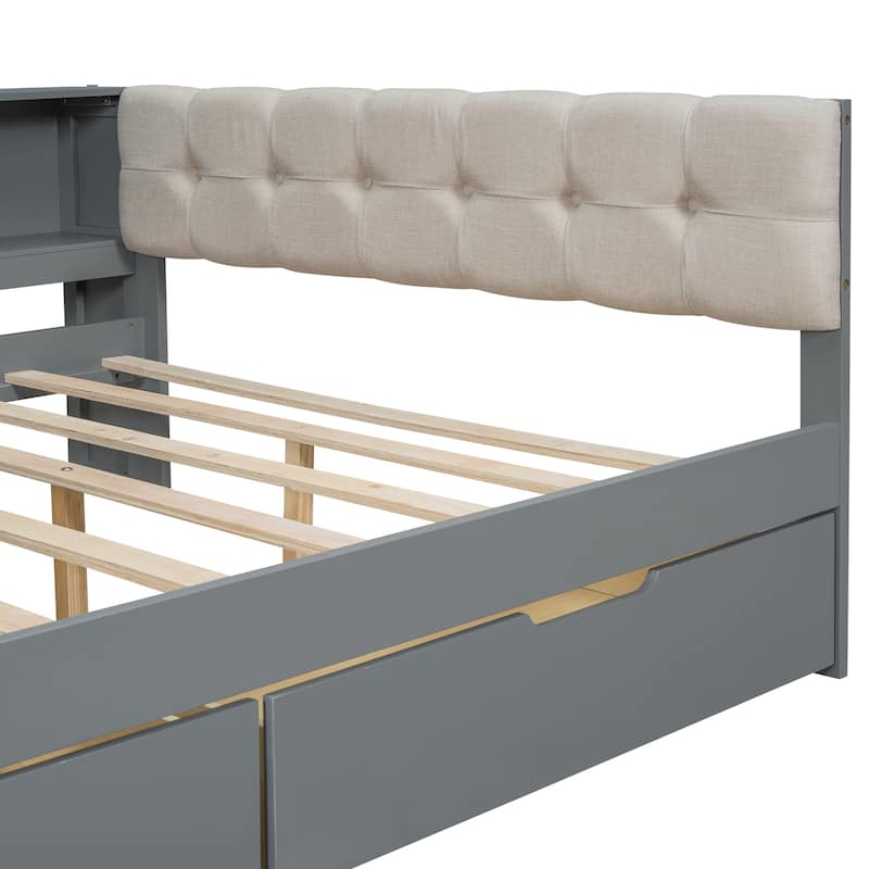 Full Size Solid Wood Platform Bed with Upholstered Headboard, USB Charging Station and 2 Storage Drawers