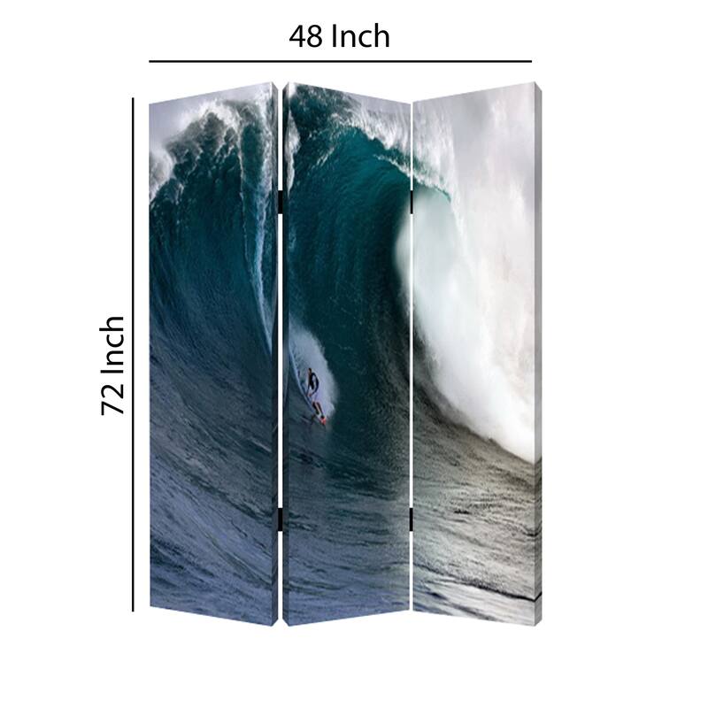 Surfing High Wave Print Foldable Canvas Screen with 3 Panels, Blue - 6 x 12