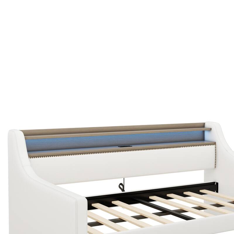 Twin Size Daybed with Storage Drawers, LED Lights, Charging Station, and Upholstered Design