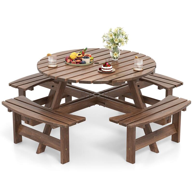 8 Person Wooden Picnic Table Round Outdoor Dining Set with Benches - 71" x 71" x 28"