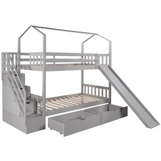 Gray Twin over Twin Wood House Bed Bunk Bed with 2 Drawers and Slide ...