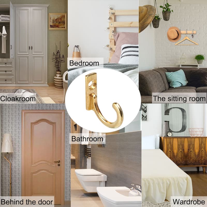 5pcs Robe Hooks Zinc Alloy Hook Key Bathroom DIY Hanger w Screws - Gold Tone - 1.06" x 0.24" x 0.79"(L*W*H)