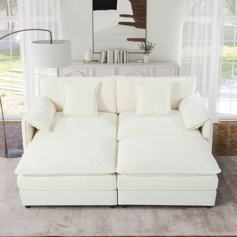 75" Modular Deep Seat Sectional Sofa with 2 Ottomans and 2 Pillows - Beige - Reversible