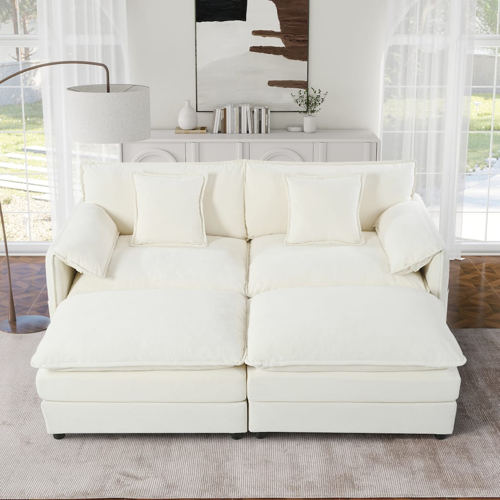 Chenille Chaise Sectional Sofa Bed with Loveseat and Ottomans, Modular Sleeper Couch with Pockets and Thickened Seat Cushions