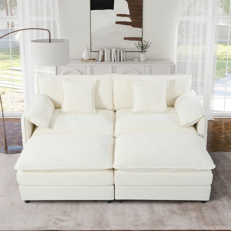 Chenille Loveseat Upholstered Deep Seat Sofa with 2 Movable Ottomans and 2 Pillows Love Seat Modular Couch for Apartment