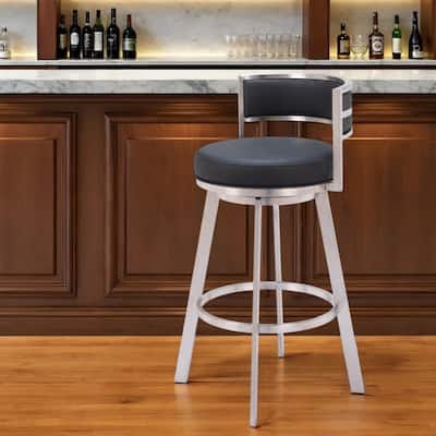 31" Black And Silver Faux Leather And Stainless Steel Low Back Bar Height Swivel Bar Chair