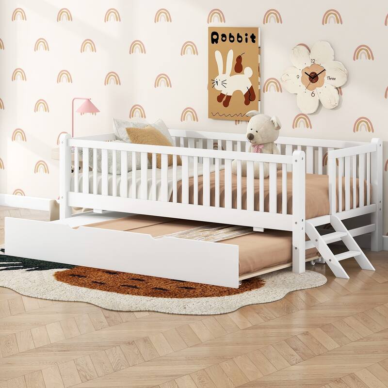 Low Loft Bed Frame with Semi-enclosed Fence and Stairs, Twin Size Daybed Optional with Trundle Bed or Drawers, Wood Platform Bed