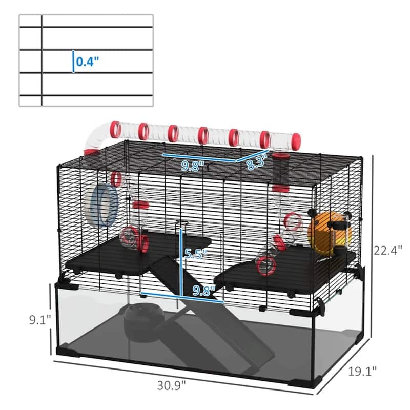 Black-Transparent Tempered Glass Hamster Cage with Steel Frame and Accessories - 31" L x 19" W x 22.4" H
