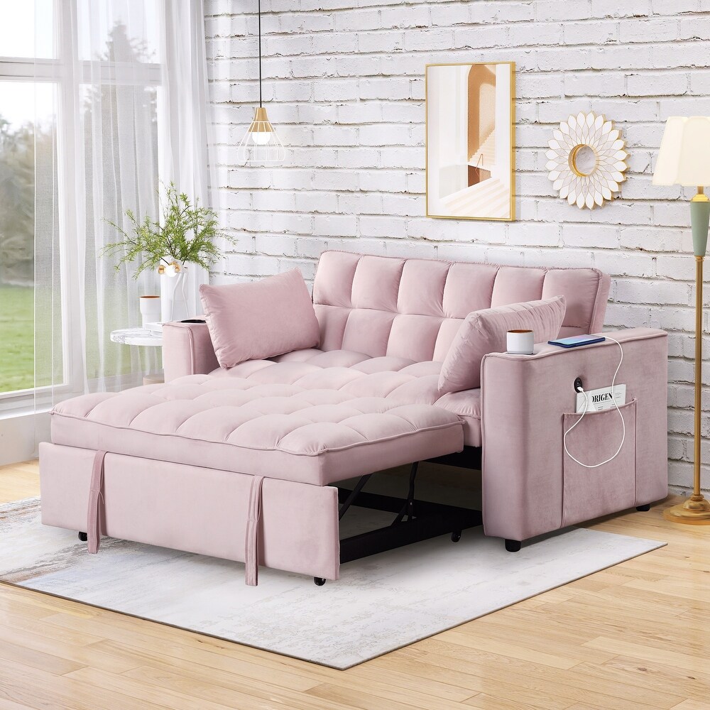 Z-joyee 66 in. Pink Velvet Twin Size Variable Sofa Bed, Baby Pink