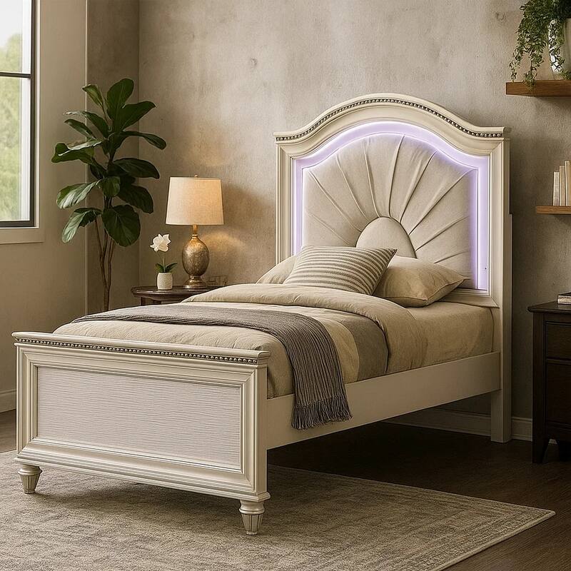 Jisoo Twin Size Bed, Pearl White Upholstery, Radial Arch Headboard