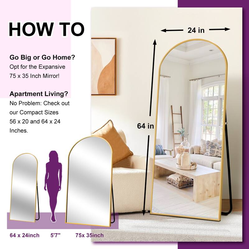 Full Length Mirror with Stand Arched Full Body Mirror Aluminum Frame Floor Freestanding Hanging Leaning Mounted