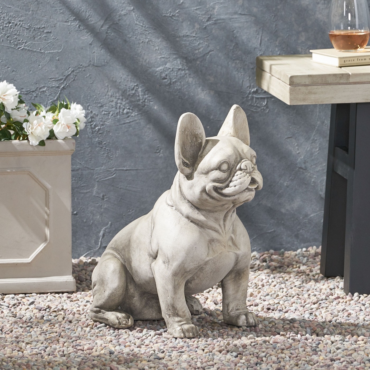 French Bulldog Dog Garden Sculpture Outdoor Garden Statue Rustic White Finish No Assembly Required - 16