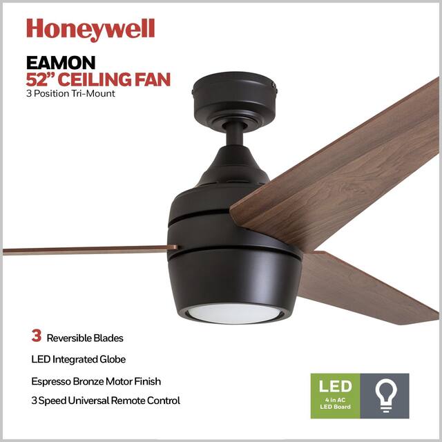 Honeywell Eamon 52" Modern Espresso Bronze Remote Control Ceiling Fan with Integrated LED Light, 3 Blade