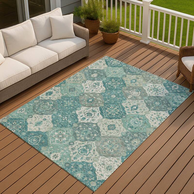 Machine Washable Indoor/ Outdoor Traditional Panel Chantille Rug - Teal - 9' x 12'