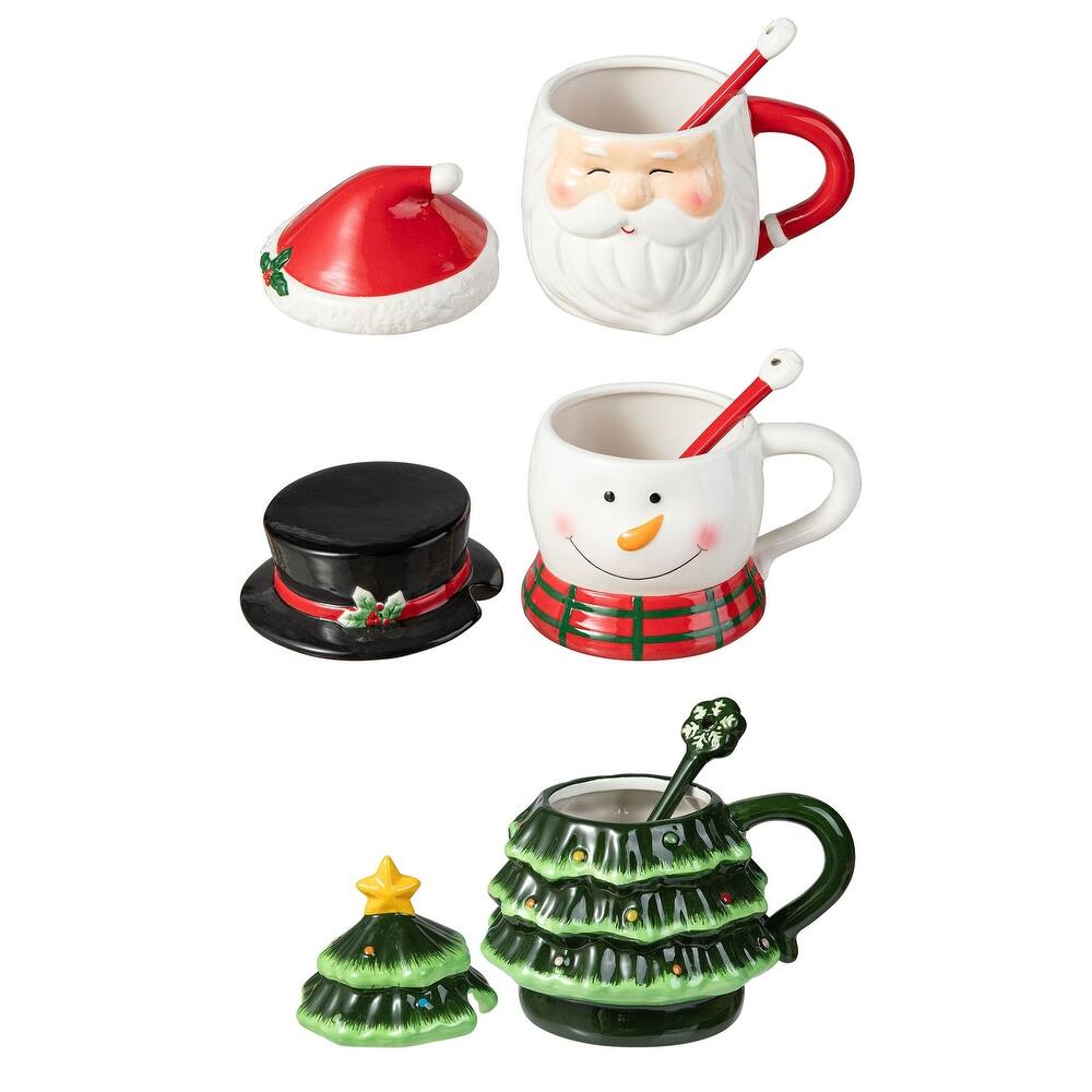 Glitzhome Christmas Dolomite Santa Snowman Tree Mug with Lid and Spoon Perfect for Coffee and Tea