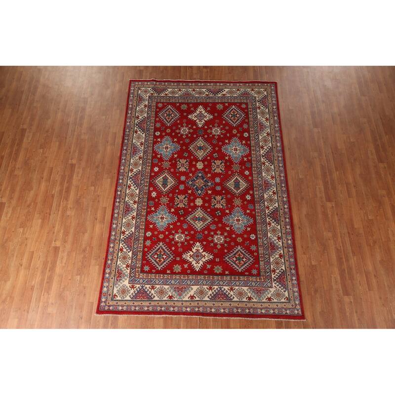 Geometric Red Kazak Area Rug Hand-Knotted Wool Carpet - 6'5" x 9'10"