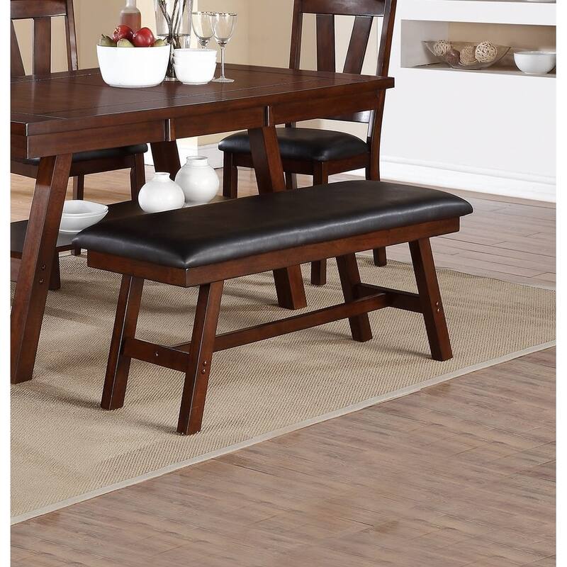 Modern Dining Bench Upholstered Faux Leather Cushion Seat with Solid Wood Legs Kitchen Bench