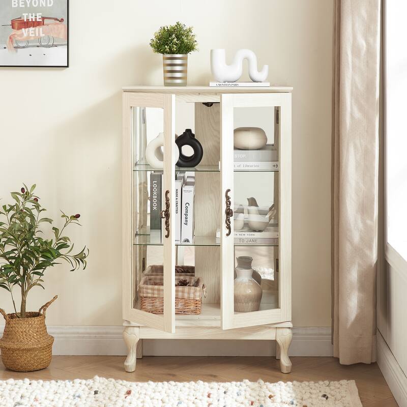 Lighted Display Cabinet with 2 Tempered Glass Doors and Adjustable Shelves