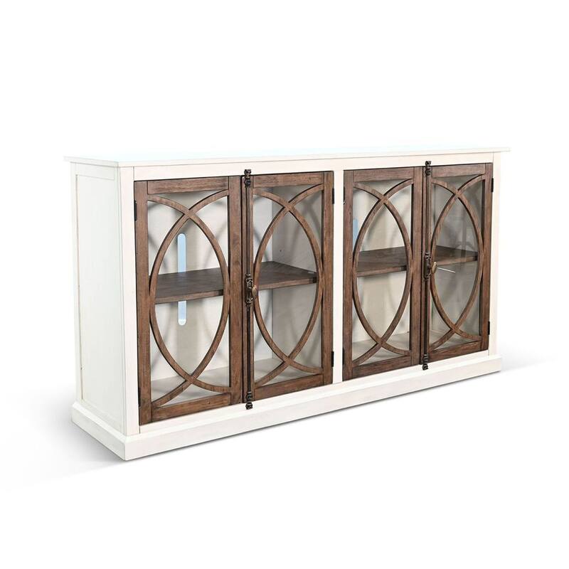 Camie TV Media Console w Glass Doors, 78 Inch, White Mahogany Wood