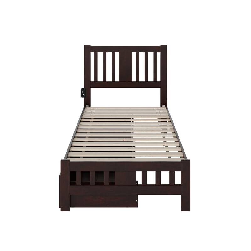 Beauty Twin Bed with Footboard & Drawers - Espresso Solid Wood, No Foundation Needed, Turbo Charger Included