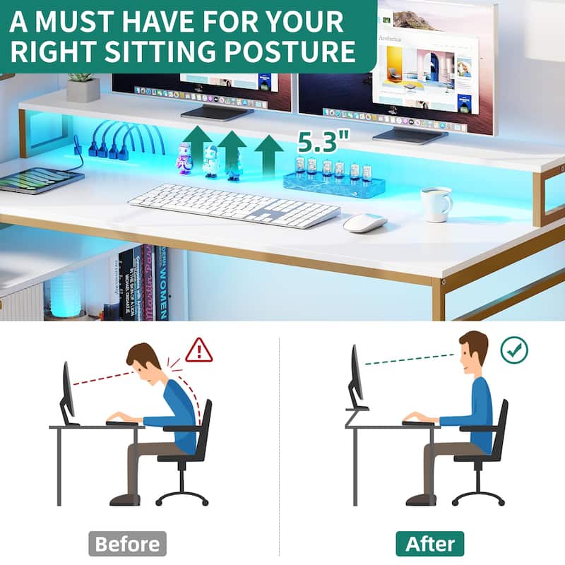 55 Inch L-shaped Gaming Desk with Power Outlets and LED Lights Computer Corner Desk with File Cabinet Monitor Stand