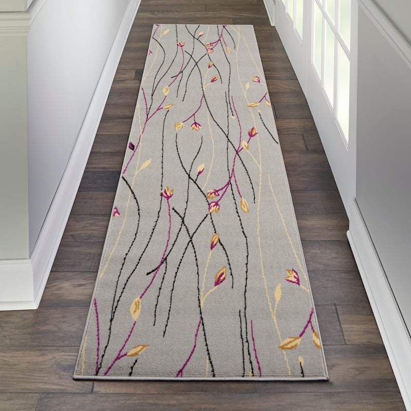 Nourison Grafix Floral Botanical Transitional Area Rug - 2'3" x 7'6" Runner - Grey