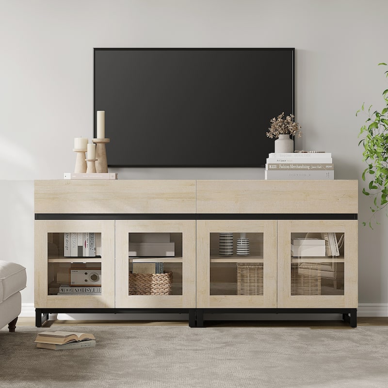 WAMPAT Modern TV Stand with Glass Doors for 110 inch TVs, Entertainment Center Console with 3 Drawers and Metal Base