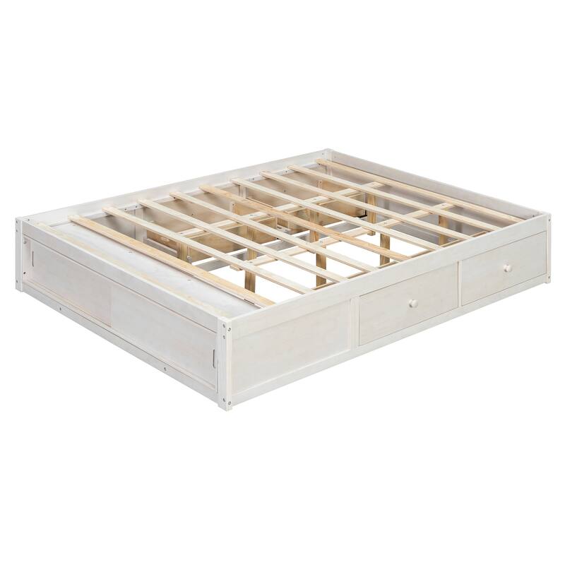 Queen Size Platform Bed Open Frame with Footboard Storage and 4 Drawers