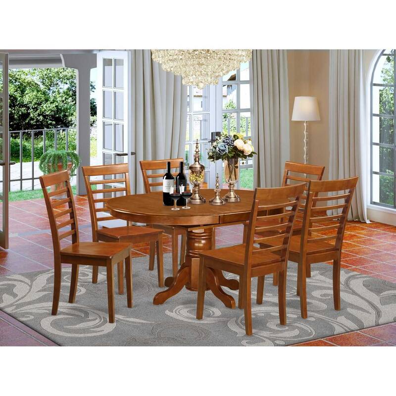 7-Piece Oval Saddle Brown Finish Solid Wood Top Dining Table with 6-Chairs with