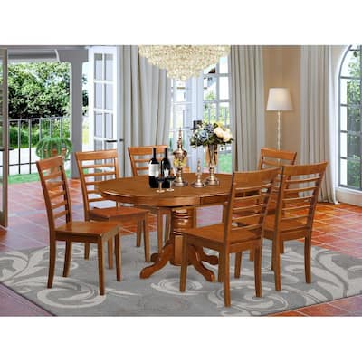 7-Piece Oval Saddle Brown Finish Solid Wood Top Dining Table with 6-Chairs with