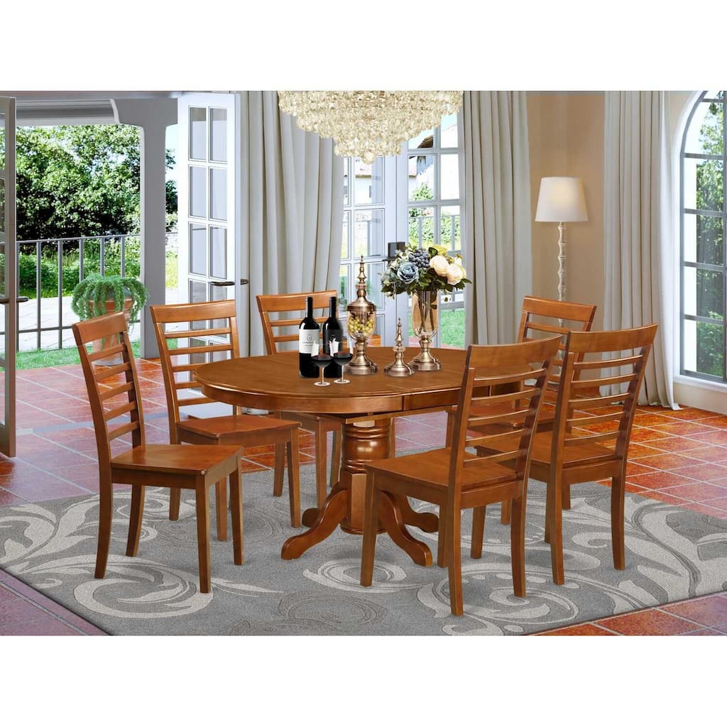 7-Piece Oval Saddle Brown Finish Solid Wood Top Dining Table with 6-Chairs with