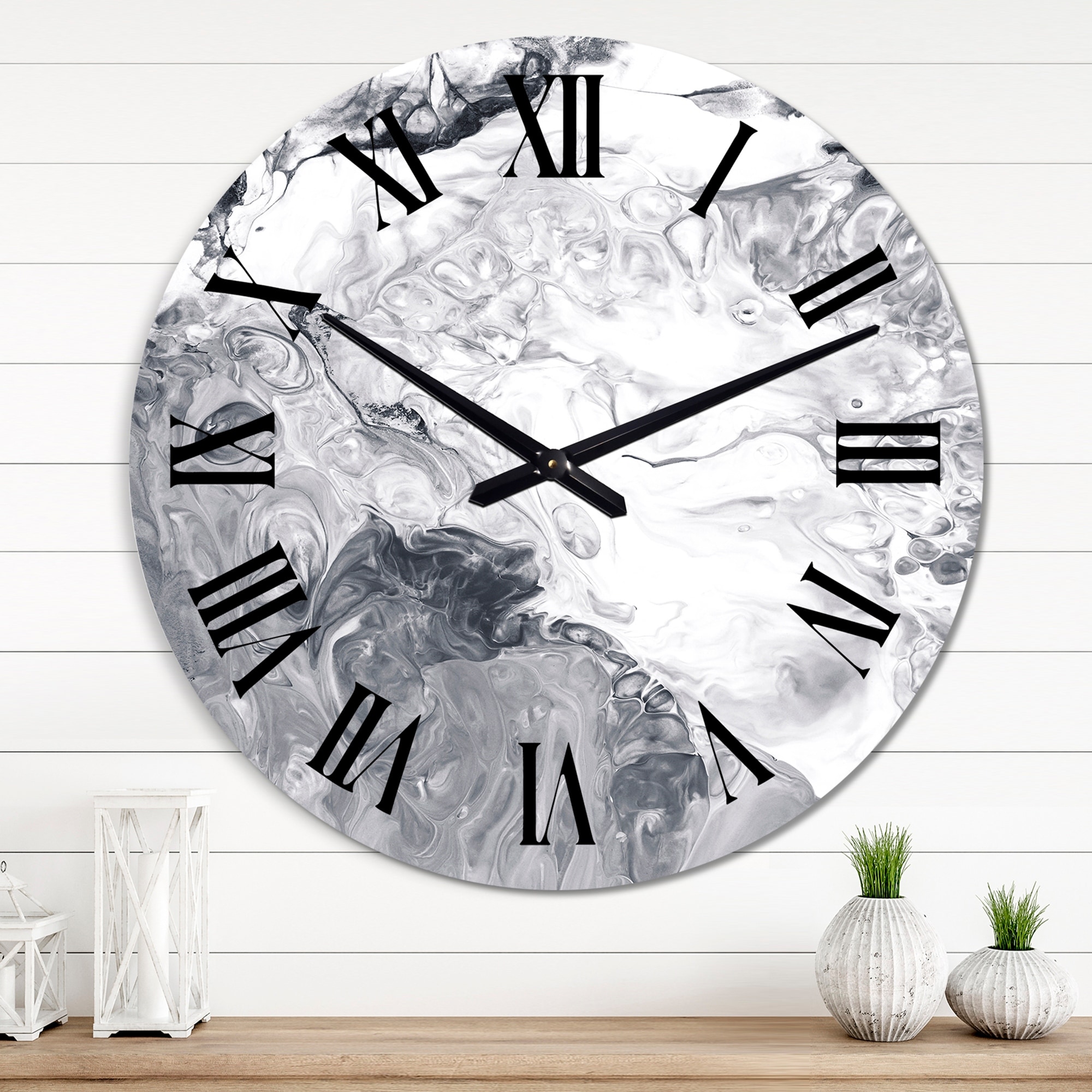 Designart 'White And Grey Liquid Marble Waves I' Modern wall clock