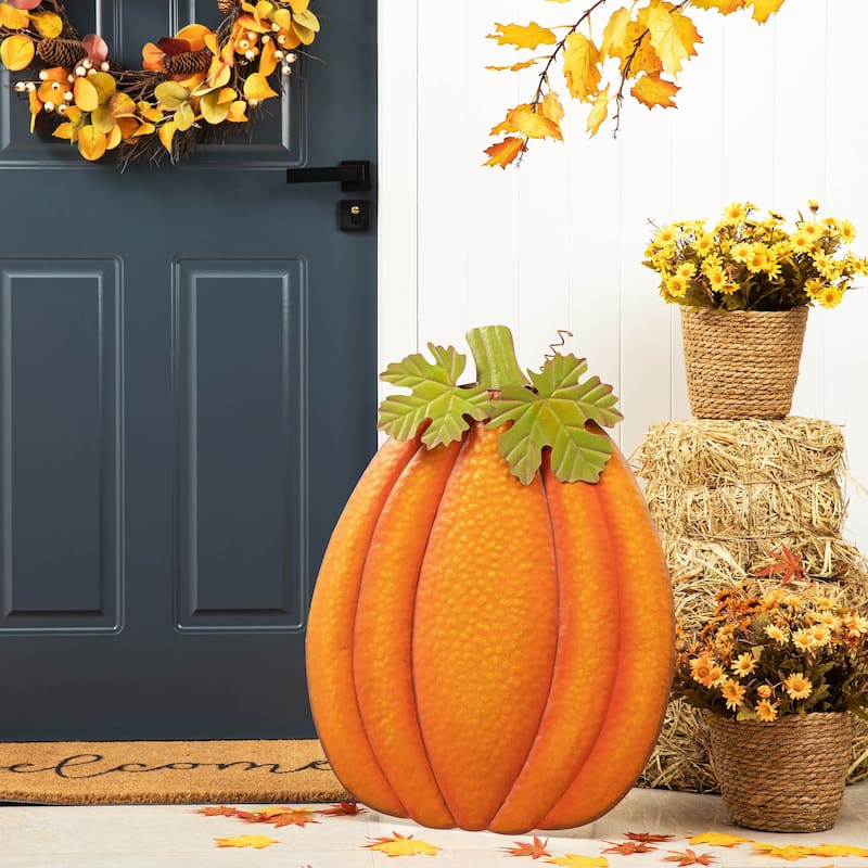 Glitzhome 37.75"H Fall Metal Embossed Glitter Pumpkin Yard Stake Thanksgiving Decor (3 Functions)