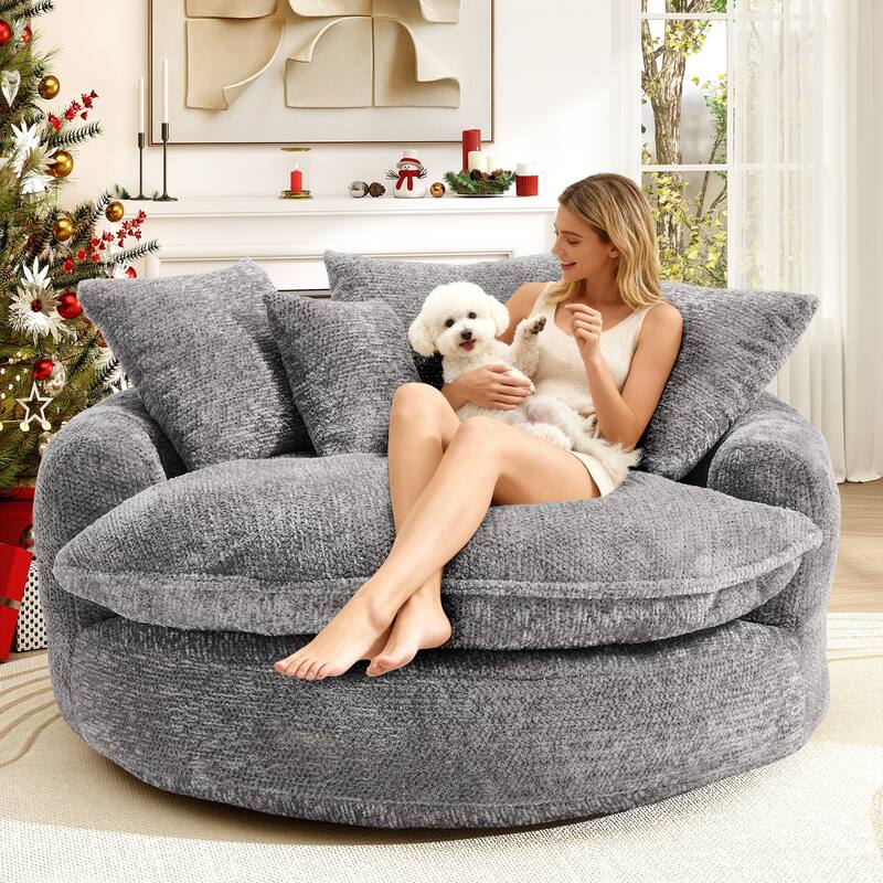 Rossetta Oversized Round Polyester Foam Chair with Pillows - Light Grey