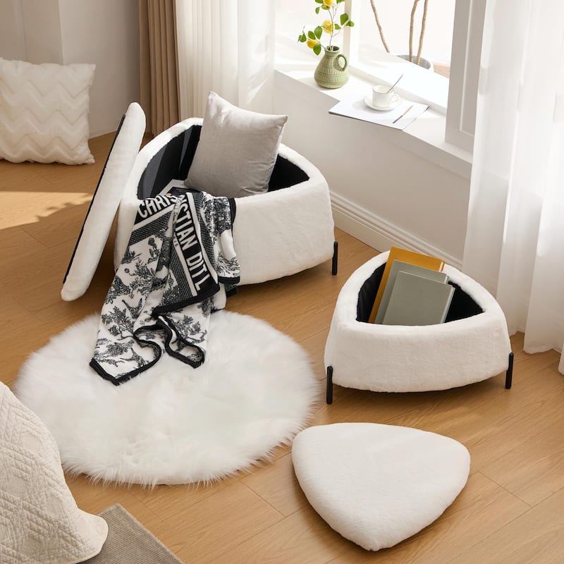 ​Reversible Lid Ottoman Set - Faux Fur Upholstery - 2-Piece - Ivory White - Set of 2