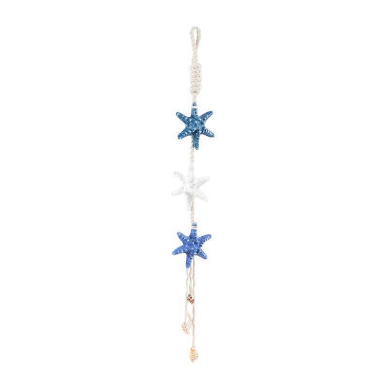Cream Resin Handmade Layered Starfish Home Wall Decor with White Hanging Rope and Seashell Accents