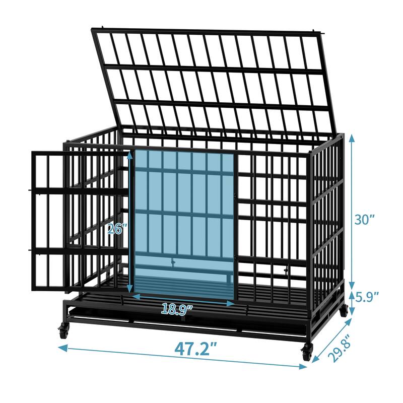 48 Inch Heavy Duty Indestructible Dog Crate with Wheels for Large and Medium Dogs, Cage with Removable Plastic Tray