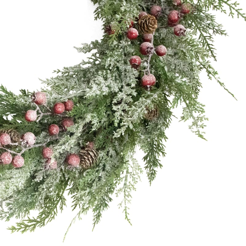 Puleo International 24" Artificial Flocked Wreath Adorned with Pinecones and Red Berries