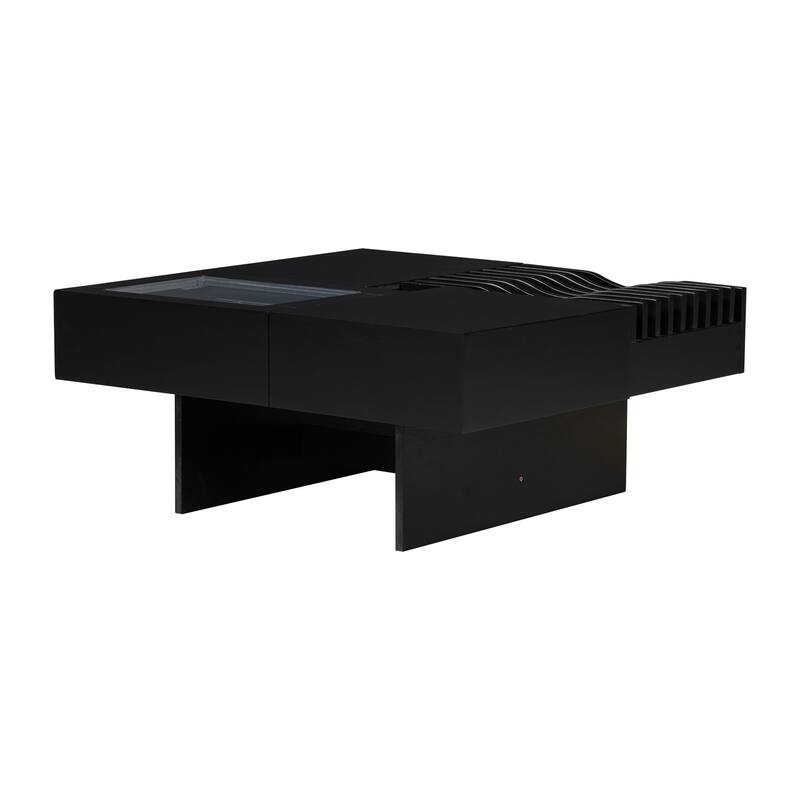 Mid-Century Modern Coffee Table Square Coffee Table with 3 Drawers and Tempered Glass Viewing Window, for Living Room