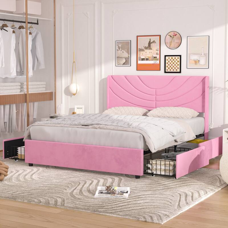 Javlergo Upholstered Bed with Tufted Headboard Bed Frames with Storage Drawers Princess Platform Bed with Wooden Slats Support - Pink - Queen