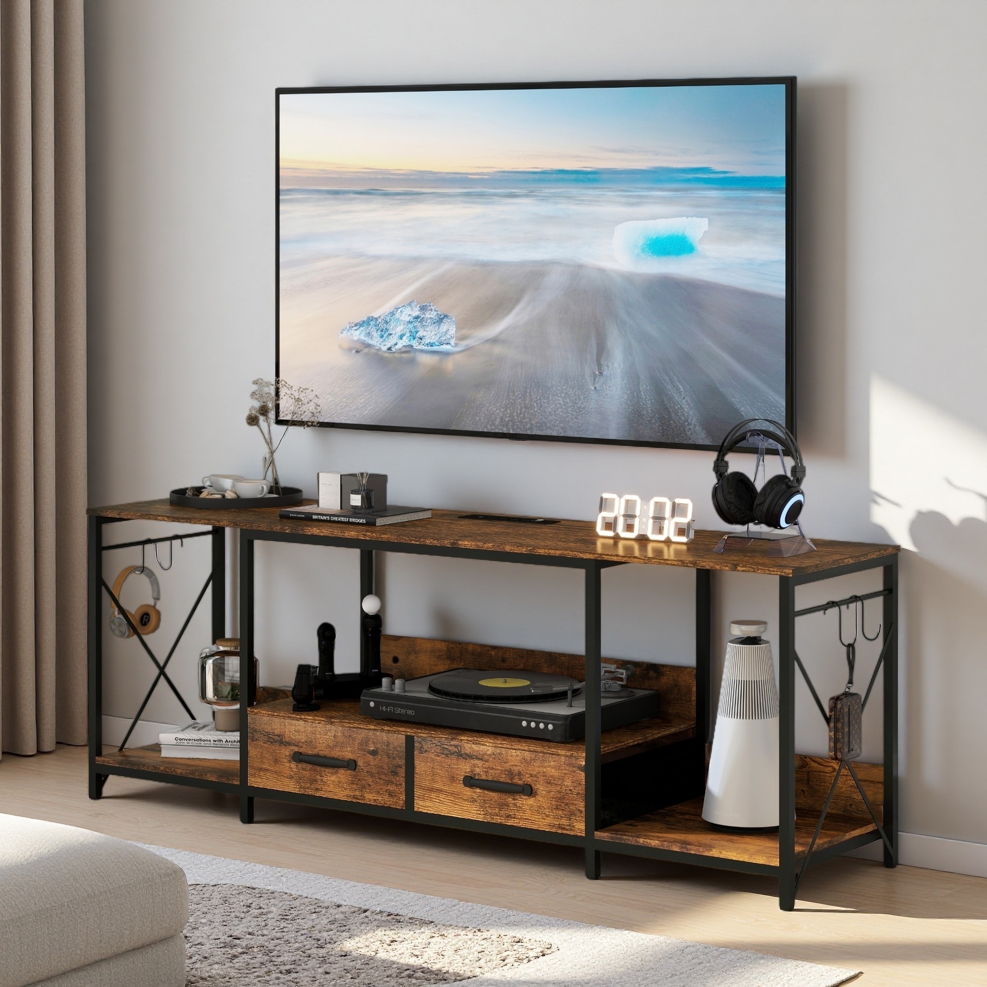 63" TV Stand with LED Lights, Power Outlets & Fabric Drawers