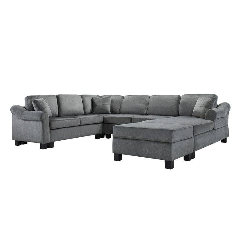 4-piece Sectional Sofa with Movable Storage Ottoman, Dark Gray Chenille for Living Room