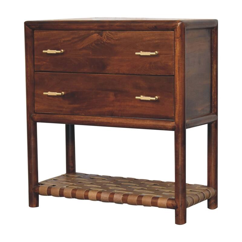 HomeRoots 32" Brown Solid Wood Two Drawer Nightstand With Leather Shelf