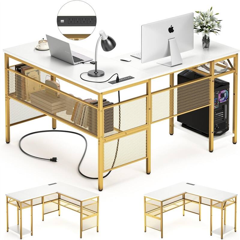 L Shaped Desk with USB Charging Port and Power Outlet - White and Gold