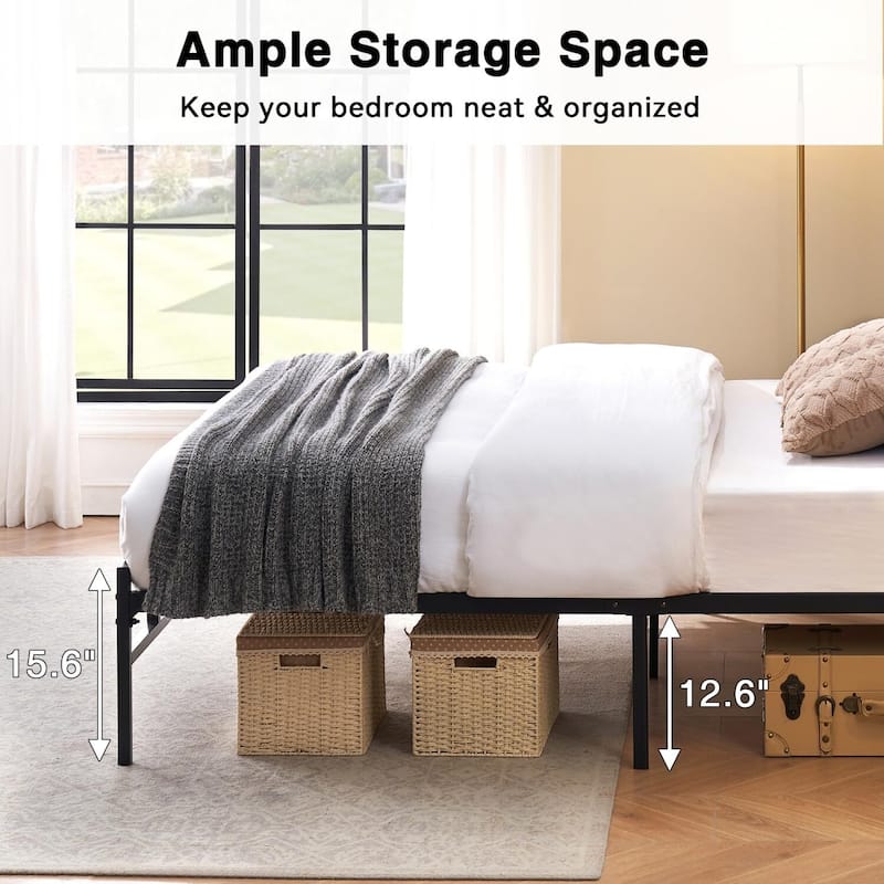 Metal Bed Frame with Wooden Headboard and Storage