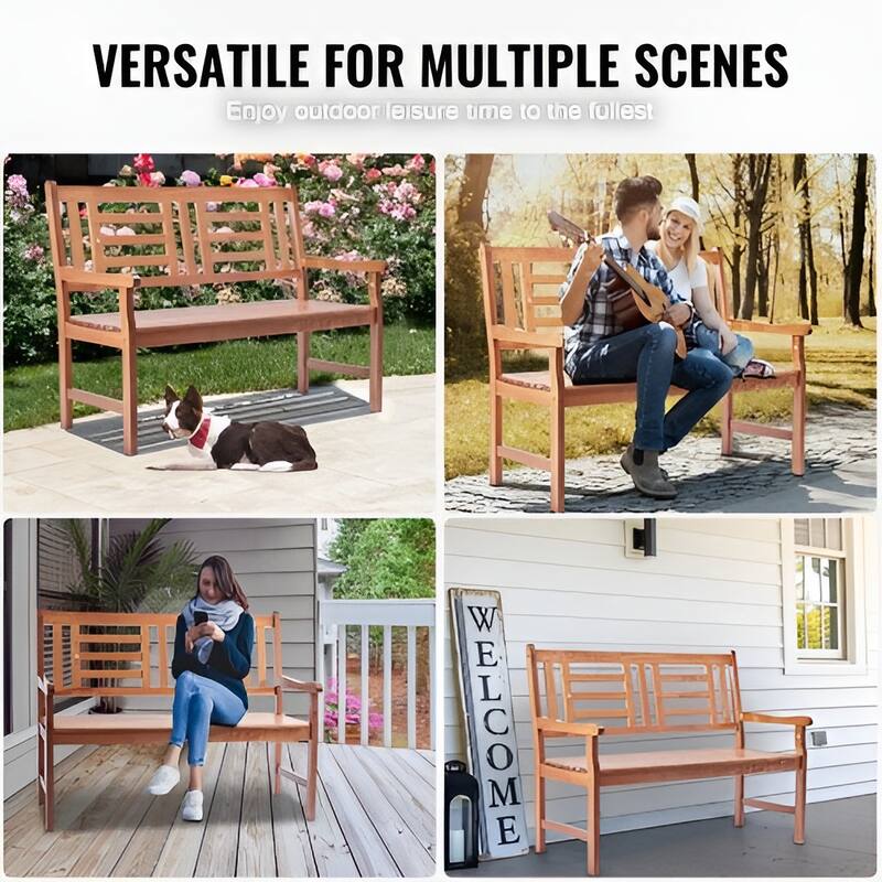 48" Natural Wood Bench for Garden, Patio or Porch Sturdy 3-Seater Outdoor Furniture with Backrest - 25” L x 48” W x 37” H