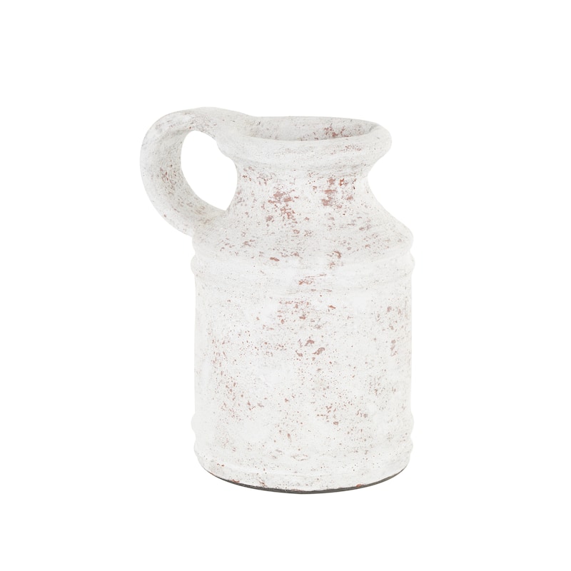 White Ceramic Antique Style Textured Decorative Vase with Terracotta Accents and Ring Handle